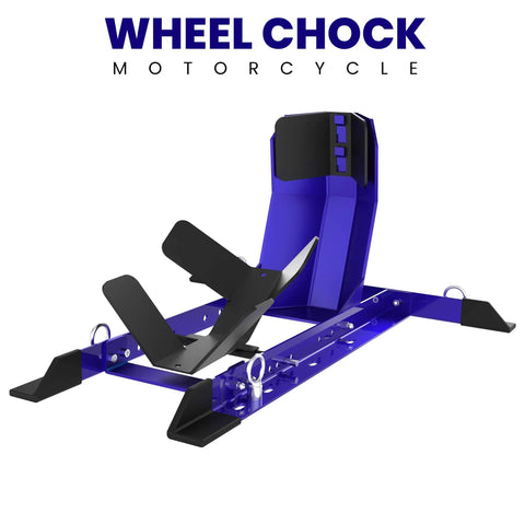 Universal Wheel Chock for Motorcycle Stand for Trailer Storage Adjustable Foldable Detachable Blue One Person Load and Unload Safe with Straps by Grand Pitstop, close-up view