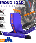 Universal Wheel Chock for Motorcycle Stand for Trailer Storage Adjustable Foldable Detachable Blue One Person Load and Unload Safe with Straps by Grand Pitstop showing blue chock with tire sizes and strong load capacity chart