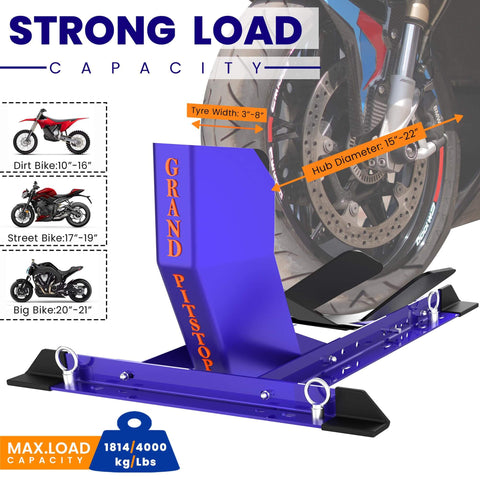 Universal Wheel Chock for Motorcycle Stand for Trailer Storage Adjustable Foldable Detachable Blue One Person Load and Unload Safe with Straps by Grand Pitstop showing blue chock with tire sizes and strong load capacity chart