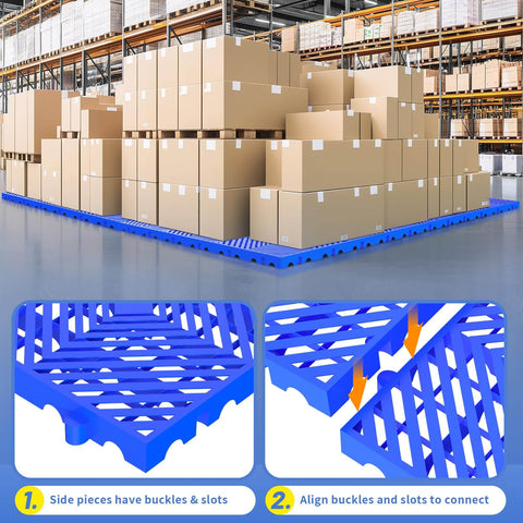 Nestable Plastic Pallets For Basement And Warehouse Storage Ten Pack 23.6x11.8x1.18 Inches Blue HDPE supporting boxes