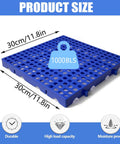 Plastic Pallets For Basement Storage And Garage Use Nestable Lightweight Waterproof Design For Basement Garage And Supermarkets Odorless Premium New PE Material 1000 Lb Heavy Duty Load Capacity Long Lasting Three Year Lifespan, blue stackable pallet with perforated top, measuring 30cm by 30cm for reinforced storage