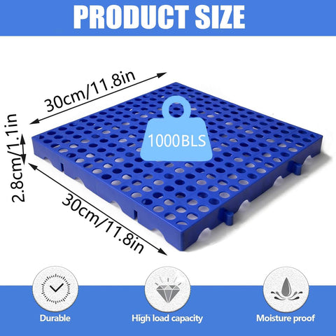 Plastic Pallets For Basement Storage And Garage Use Nestable Lightweight Waterproof Design For Basement Garage And Supermarkets Odorless Premium New PE Material 1000 Lb Heavy Duty Load Capacity Long Lasting Three Year Lifespan, blue stackable pallet with perforated top, measuring 30cm by 30cm for reinforced storage