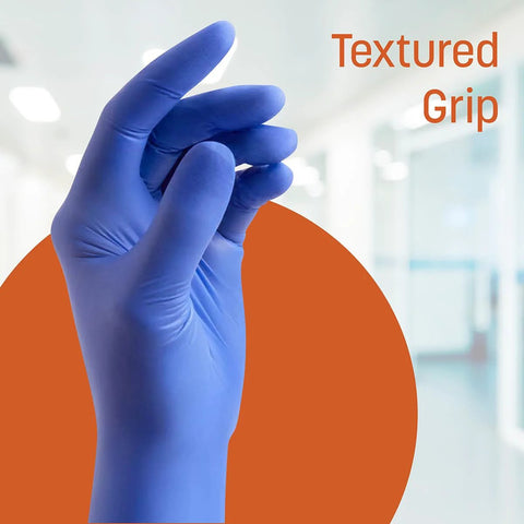 Blue nitrile glove with textured grip in a clinical setting. Non Latex Powder Free Nitrile Exam Gloves 100 Count Disposable Medical Grade.