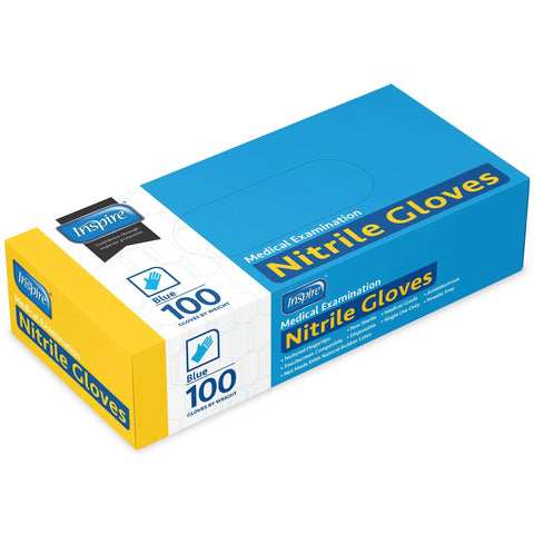 Box of blue nitrile exam gloves, large size, latex free, disposable, for medical EMT use, labeled '100 gloves'