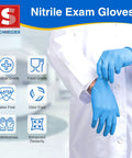 Person wearing Blue Nitrile Exam Gloves Medical Grade Size M 1000 Count Latex Free Disposable, highlighting glove features