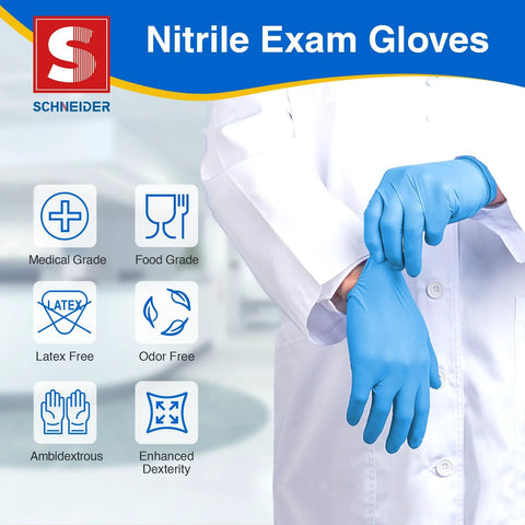 Person wearing Blue Nitrile Exam Gloves Medical Grade Size M 1000 Count Latex Free Disposable, highlighting glove features