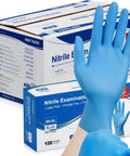 Blue Nitrile Exam Gloves Medical Grade Size M 1000 Count Latex Free Disposable, shown in packaging and worn by hand