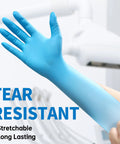 Blue nitrile exam glove, powder-free, disposable; large size for medical, cleaning, or food-safe use.