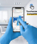 Person wearing Blue Nitrile Exam Gloves Medical Grade Size M 1000 Count Latex Free Disposable using a smartphone touchscreen