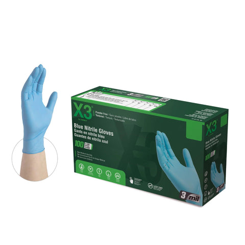Blue Nitrile Gloves 3 Mil Textured Large Latex Free Powder Free Box Of 100 shown with glove on hand