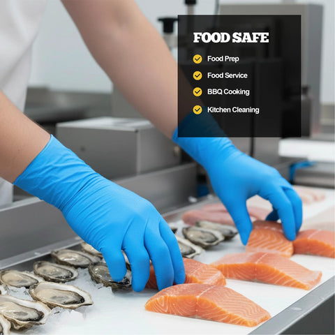 Blue 6 Mil Heavy Duty Nitrile Gloves Textured Powder Free Latex Free Box Of 100 worn by person handling salmon and oysters