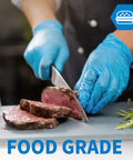 Front view of blue powder-free nitrile gloves slicing beef on a cutting board.
