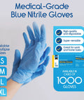Hands wearing Nitrile Exam Gloves Blue Large Latex Free Disposable For Medical EMT Use, with product details and packaging visible.