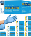 Nitrile Exam Gloves Blue Large Latex Free Disposable For Medical EMT Use, packaging and gloves shown in use.