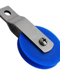 Two And One Half Inch Blue Nylon Pulley With Stainless Steel Split Bracket For Aircraft Cable Up To Three Sixteenths Of An Inch Pivoting Bracket.