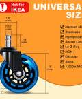 Office Chair Wheels Replacement Set Of Five 3 Inch Soft Non Marking Polyurethane Casters For All Floors Including Hardwood And Carpet Delivers Smooth Quiet Glide For Desk Chairs Blue; universal size with dimensions and compatible chair brands listed, not for IKEA, shown in close-up view.
