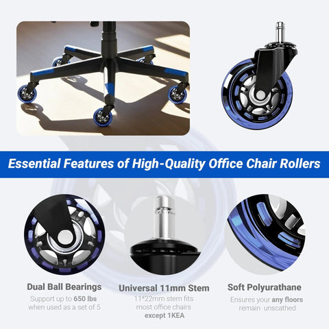 Heavy Duty Rubber Chair Casters Set Of 5 3 Inch Universal Fit 11 Mm By 22 Mm Wheels For Hardwood Floors Carpet And Tile Protection