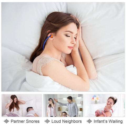 Woman sleeping with Reusable Silicone Corded Ear Plugs Two Bags Of 100 Pairs Each Individually Wrapped Hearing Protection in blue and orange.