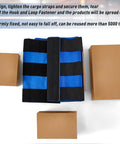 Adjustable Cargo Pallet Straps Bundle For Shipping And Storage Reusable Pallet Wrap Ties 19.3 Inch Wide By 15 Foot Long Bright Blue Oxford Fabric Easy To Use Alternative To Stretch Film on white background with cardboard boxes