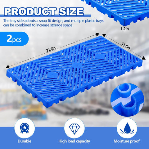 Blue 2 Pack Plastic Pallets With Breathable Grid Ventilation For Easy Storage In Supermarkets, Warehouses, Garages, And Basements Lightweight Waterproof And Wear Resistant 23.6 X 11.8 X 1.2 Inches