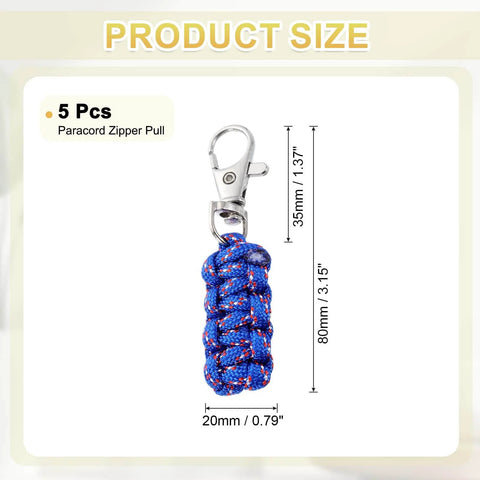 Blue paracord zipper pull with metal clasp, product size 80x20mm, for backpacks and luggage, pack of 5