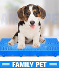 Puppy sitting on a blue grid ventilation floor pallet with 'Family Pet' text in the background.