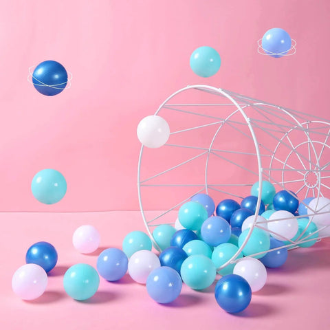 Ball Pit Balls for Kids, Plastic Play Balls Blue Balls for Ball Pits, 100pcs in storage, white basket with colorful balls on pink background