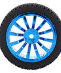 Blue plastic spoked wheel with black rubber tire for model vehicles and robots, shown from side view.