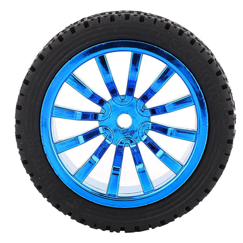 Blue plastic spoked wheel with black rubber tire for model vehicles and robots, shown from side view.