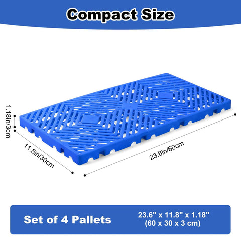 Interlocking 4 Pack Plastic Pallets with Buckle Lock System for Basement Storage, Moisture Proof and Breathable Grid, Blue