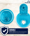 Wide Mouth Plastic Jar Lids Four Pack USA Made Flip Cap Screw Top Pour Spout Leak Proof Airtight shown in blue on wood background