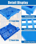 Lightweight Plastic Pallet 23.6 In By 19.7 In By 3.9 In Waterproof Floor Pallet With Breathable Grid, front and back view, blue