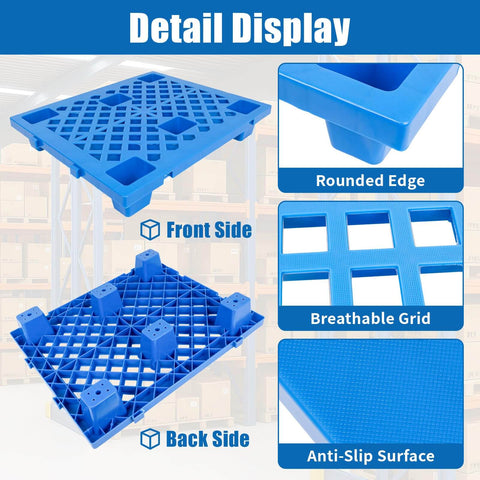 Lightweight Plastic Pallet 23.6 In By 19.7 In By 3.9 In Waterproof Floor Pallet With Breathable Grid, front and back view, blue