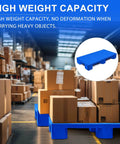 Warehouse setting with stacks of boxes on blue lightweight outdoor plastic pallets, showcasing high weight capacity and durability.