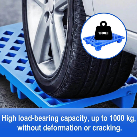 Car tire on Six Pack Plastic Pallets Set Lightweight Nestable Polyethylene Pallets 23.6 x 19.6 x 3.9 Inches Blue Moisture Proof Floor Pallets