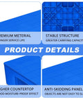 Diagram of lightweight outdoor plastic pallet for basement storage and floor display, highlighting premium material, stable structure, waterproof.