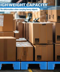 Heavy Duty Plastic Pallet Tray 23.6 By 15.8 By 4.7 Inches Waterproof Storage Pad with boxes stacked, showing high weight capacity.
