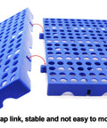 Close-up of Heavy Duty Plastic Pallets 3 Pack Tough As Nails 11.8 x 11.8 x 1.8 Inches Waterproof Ventilated Grid Design showing snap link feature.