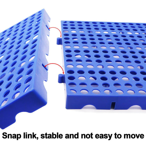 Close-up of Heavy Duty Plastic Pallets 3 Pack Tough As Nails 11.8 x 11.8 x 1.8 Inches Waterproof Ventilated Grid Design showing snap link feature.