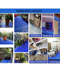 Collage of blue lightweight plastic pallets with moisture proof breathable grid ventilation used for plants, storage, and shelving.