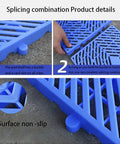 Close-up of blue lightweight plastic pallets with moisture proof breathable grid ventilation showing splicing combination and non-slip surface.