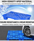Nestable Plastic Pallets 6 Pack With Breathable Grid And Moisture Proof Design, shown with car wheel to illustrate strength