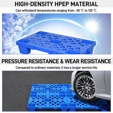 Nestable Plastic Pallets 6 Pack With Breathable Grid And Moisture Proof Design, shown with car wheel to illustrate strength