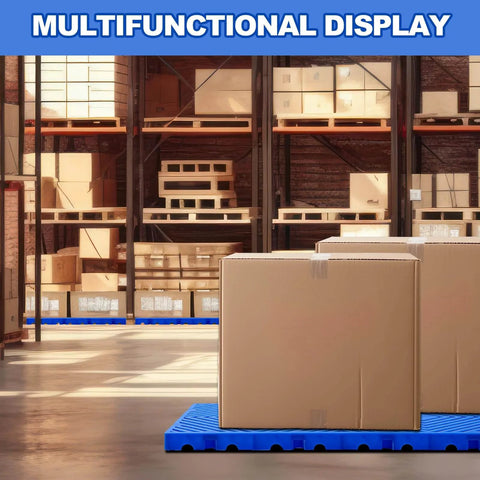 Blue 2 Pack Plastic Pallets With Breathable Grid Ventilation For Easy Storage In Supermarkets, Warehouses, Garages, And Basements Lightweight Waterproof And Wear Resistant 23.6 X 11.8 X 1.2 Inches used in warehouse