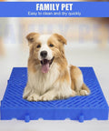 Dog sitting on blue ventilated plastic grid mat, labeled 'Family Pet', highlighting easy cleaning and quick drying features.