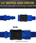 12 Piece Industrial IM Type Plug Air Fittings Set With One Quarter Inch NPT Male Threads, Pro Grade Premium Blue Anodized Finish shown assembled and apart