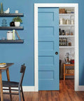 Soft Close Pocket Door Frame Kit for 2x4 Stud Walls 32x80 Inches installed in a blue kitchen, showcasing smooth quiet closure.