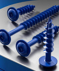 Blue square hole wood screws on a reflective surface, Wensilon Pocket Hole Screws # 8 * 1" 165pcs 1lbs, with round head for wood use.