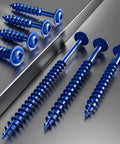 Blue pocket hole screws arranged on a metallic surface. ✝️ Wensilon (Blue) Pocket Hole Screws # 8 * 1" 165pcs 1lbs Square Hole Wood Screws
