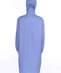 Back view of durable unisex lab coat for men and women with hooded design in blue, 100 percent polyester, medium size for workshop and cleanroom.